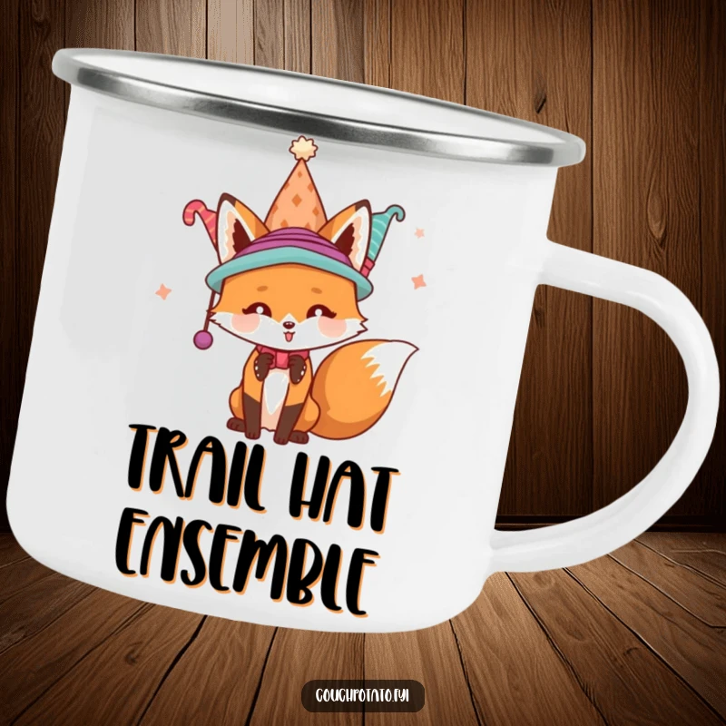 Funny playful fox wearing an array of hats on an enamel camping mug, combining outdoor utility with humorous charm.