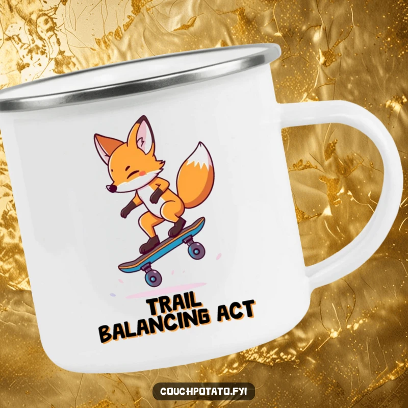 Funny Fox Camping Mug: A daring fox balances on one skateboard wheel performing a trick, perfect for outdoor enthusiasts.