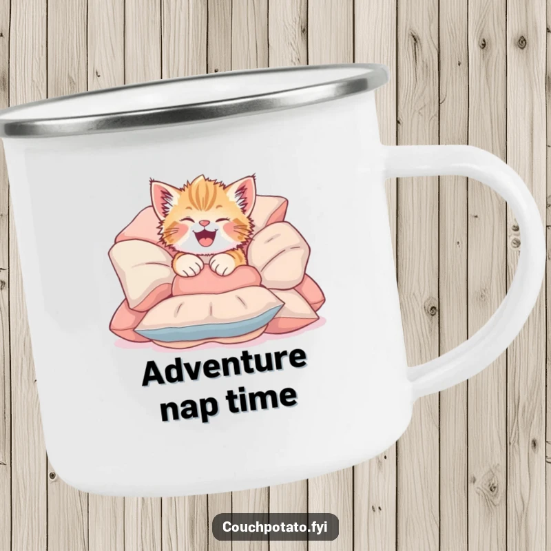 Funny Giggling Kitten Camping Mug featuring a cute kitten joyfully tumbling into soft cushions, ready for outdoor fun.