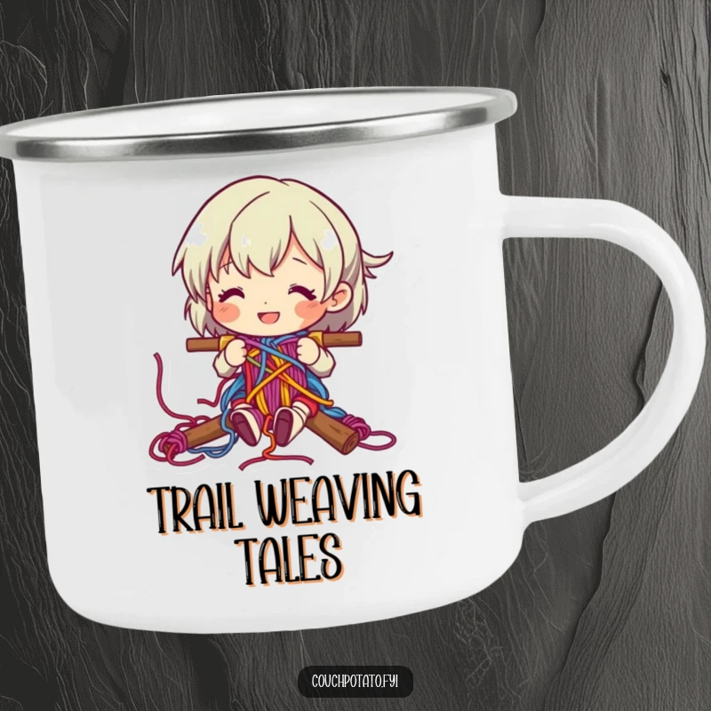 Funny character happily weaving colorful yarn into a complex pattern on an enamel camping mug.