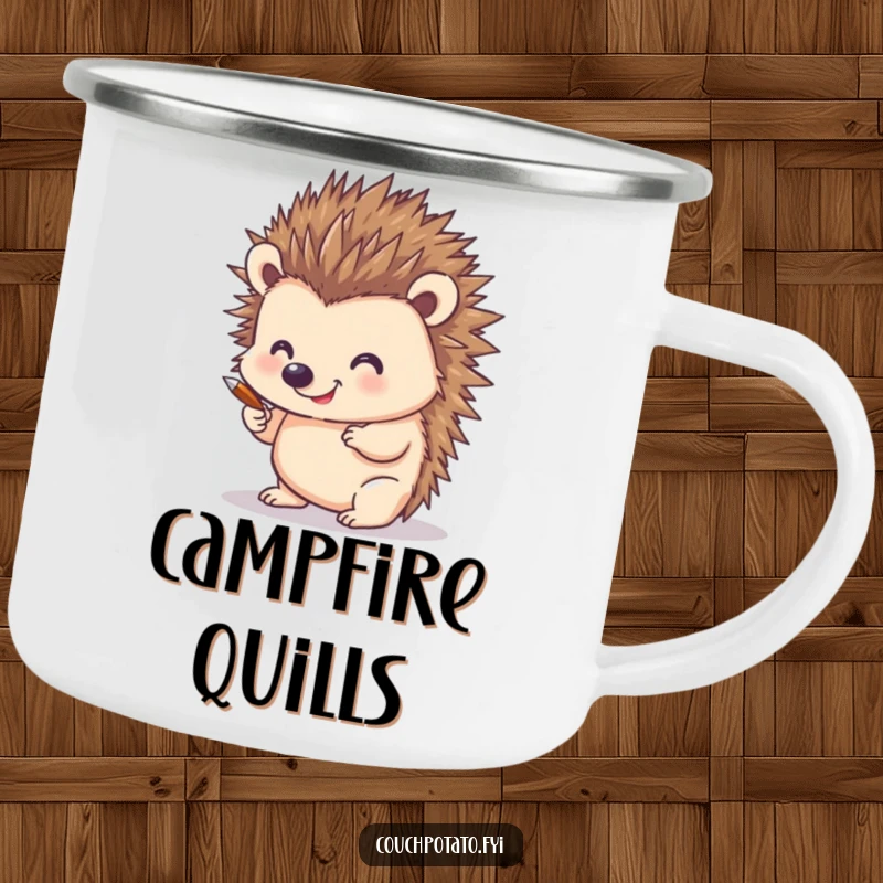 Funny camping mug featuring a hedgehog using its quills to draw, designed for outdoor enthusiasts who appreciate art and a good chuckle.