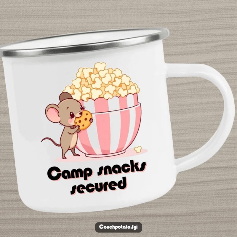 Funny tiny mouse with a mischievous grin sneaking a cookie from a giant popcorn bowl, a durable camping mug.