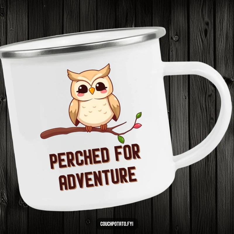 Funny owl camping mug showing a smiling bird in a comical, unstable position on a thin branch, for rugged humor.