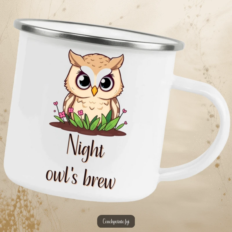 Funny owl camping mug, a curious owl with wide eyes watches over a small garden, great for outdoor drinks.