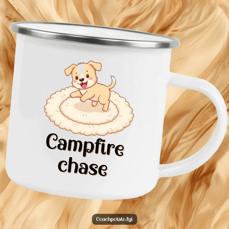 Funny puppy chasing its tail in circles on a fluffy rug, depicted on a rugged camping mug.