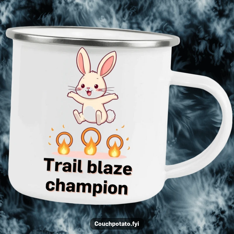 Funny Rabbit Camping Mug: A brave rabbit leaps through fiery hoops, celebrating adventure and humor in the great outdoors.