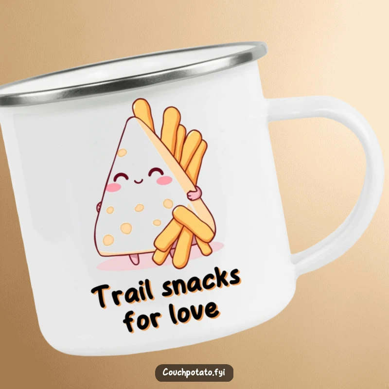 Funny camping mug with a smitten cream cheese triangle holding a bouquet of breadsticks, perfect for romantic outdoor moments.