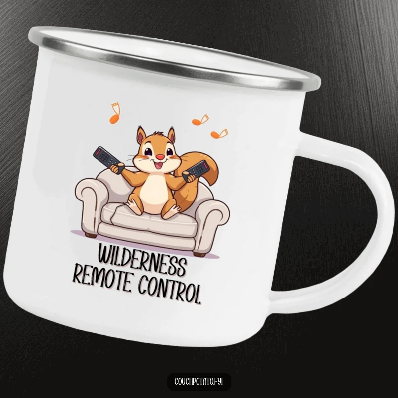Funny squirrel camping mug showing a character juggling remote controls in an outdoor setting, ideal for brews on the go.