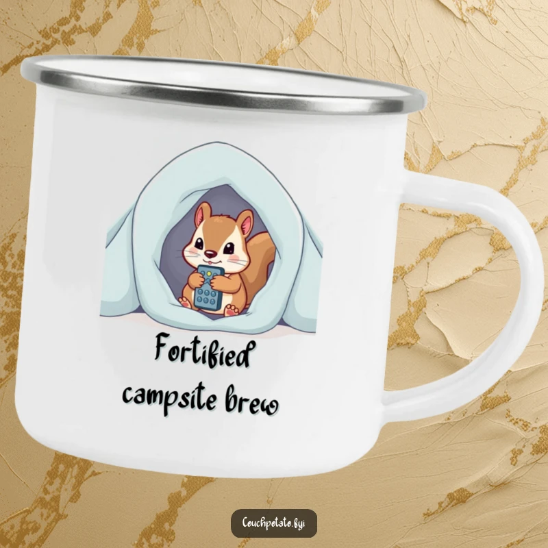 Funny curious squirrel peeking from blanket fort, clutching remote control, a sturdy and humorous camping mug.