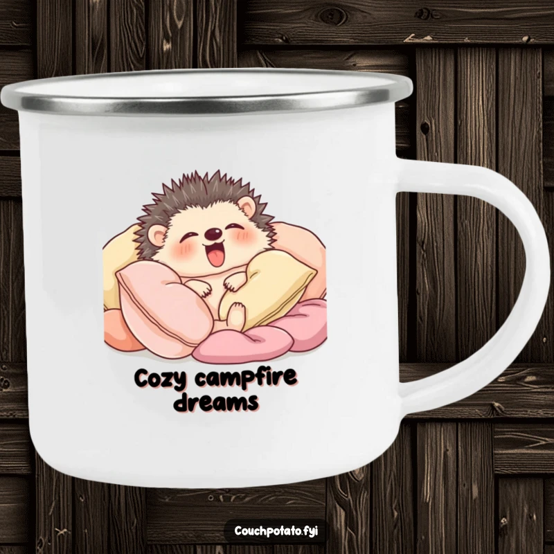 Funny hedgehog snuggled amongst soft cushions yawning widely, depicted on a rugged camping mug.