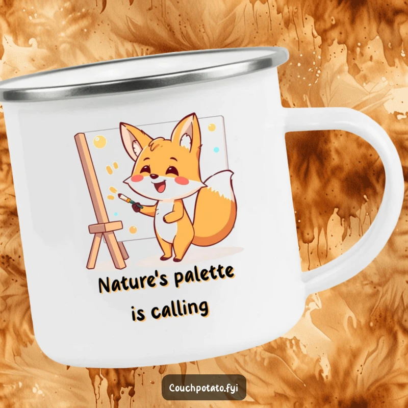Funny Fox Camping Mug: A cheerful fox artist happily paints outdoors, bringing art and smiles to any campsite.