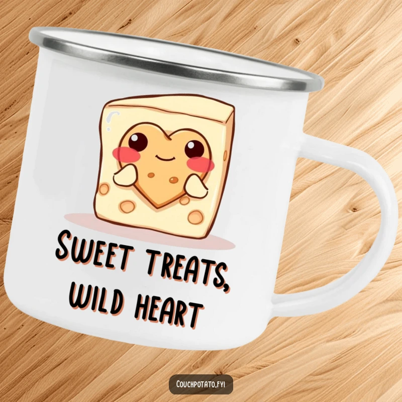Funny blushing cream cheese block offering a heart cookie, on a durable camping mug for enjoying warm beverages.