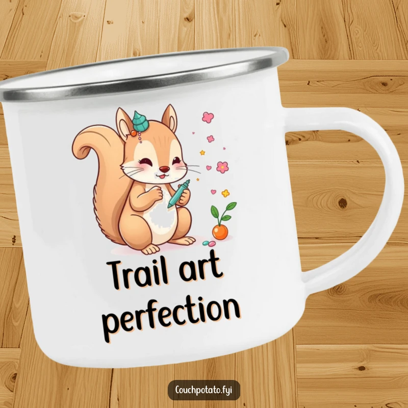 Funny creative squirrel gluing decorations onto a whimsical art piece, printed on a durable, funny enamel camping mug.