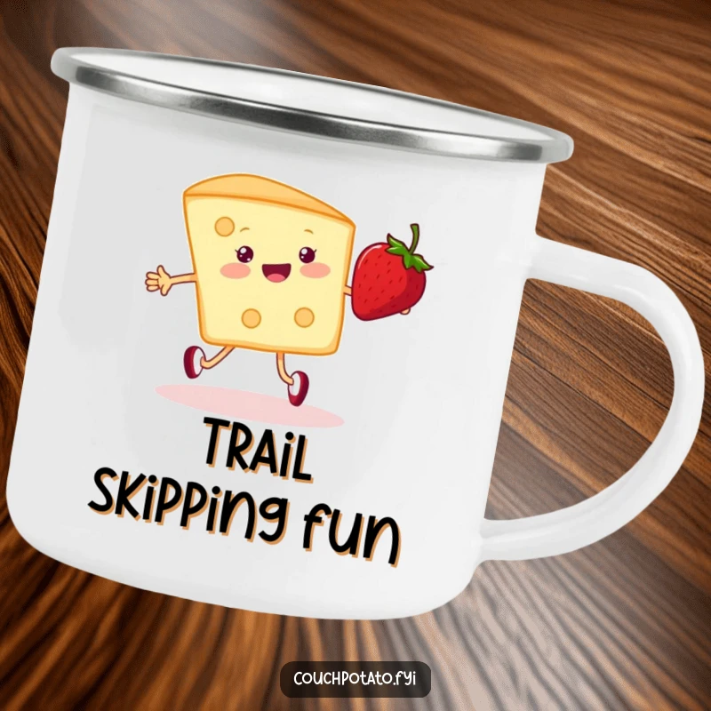Funny cream cheese and strawberry camping mug, depicting them happily jumping rope, perfect for humorous outdoor beverage enjoyment.