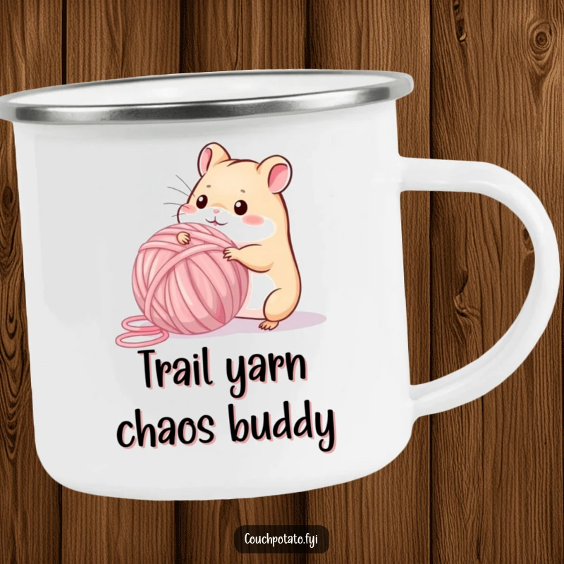 Funny playful hamster winding a giant ball of yarn, printed on a durable, funny enamel camping mug.