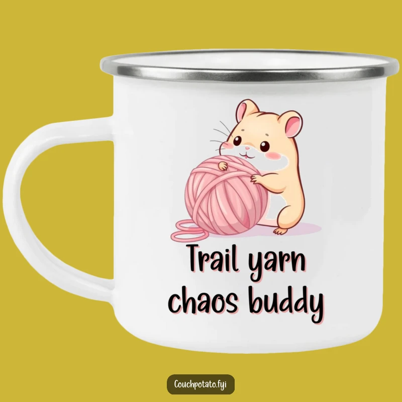 Funny Playful Hamster Yarn Camping Mug: Whimsical Hamster Crafting Enamel Mug
