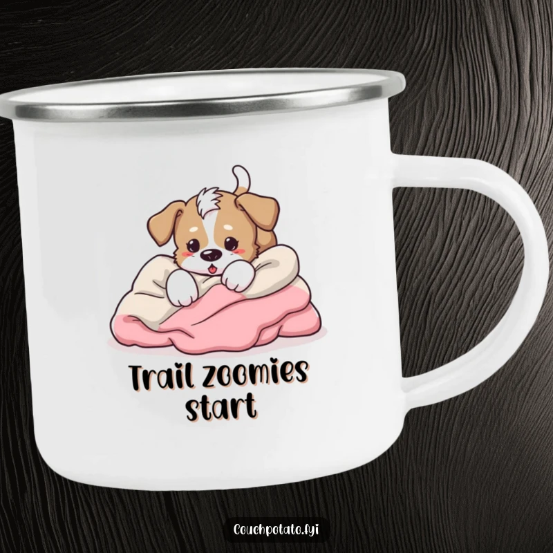 Funny energetic puppy tumbling headfirst into blankets, tail wagging furiously, a sturdy and humorous camping mug.