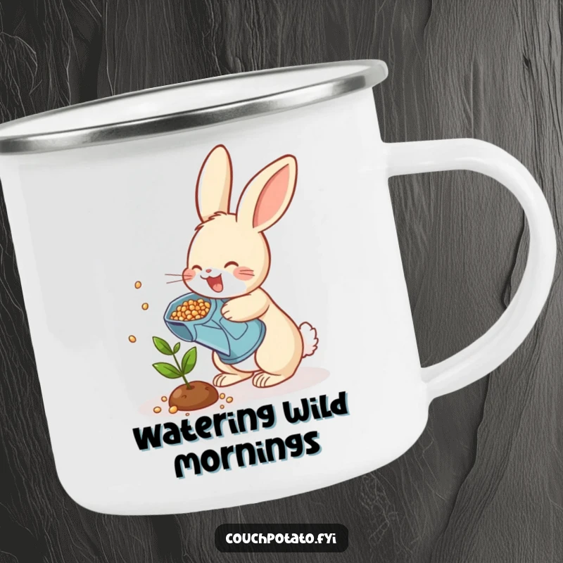 Funny rabbit gardener camping mug, a cheerful bunny watering seeds onto a small plant, durable and humorous outdoor drinkware.
