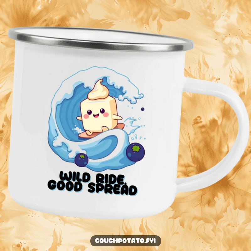 Funny cream cheese tub surfing a blueberry wave, on a durable camping mug for enjoying beverages in the great outdoors.