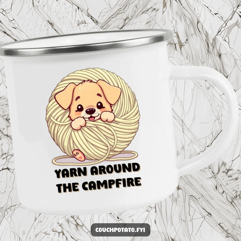 Funny puppy comically tangled in a giant ball of yarn, featured on a durable camping mug, for humorous outdoor play.