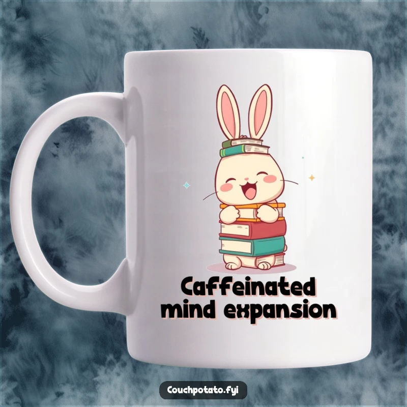 Funny giggling rabbit attempting to balance a tall stack of books on its head, depicted on a ceramic mug, radiating playful intelligence.