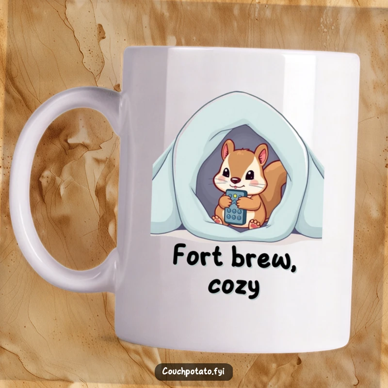 Funny curious squirrel peeking from blanket fort, clutching remote control, a cozy and humorous mug.
