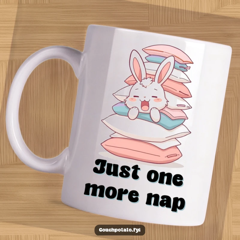 Funny fluffy bunny yawning while attempting to balance a huge stack of pillows, illustrating a humorous, sleepy struggle on a mug.