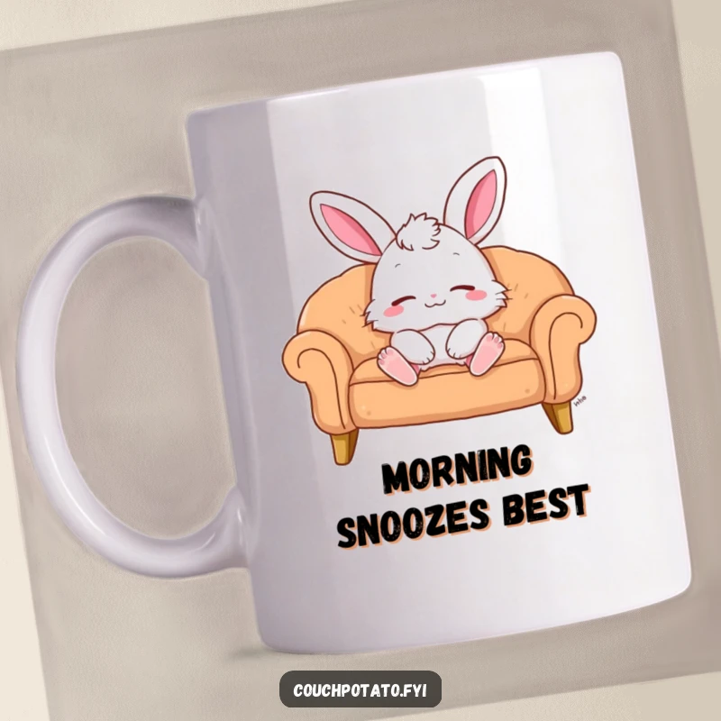 Funny Mug: A fluffy bunny lounges on a sofa, eyes closed with a contented smile. A perfect funny gift for relaxation lovers.