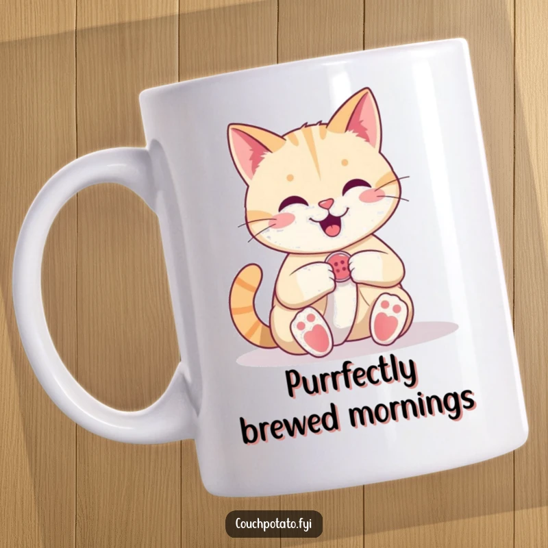 Funny Cat Sewing Mug: A happy cat confidently sews a button onto fabric with a proud expression, a skilled mender.