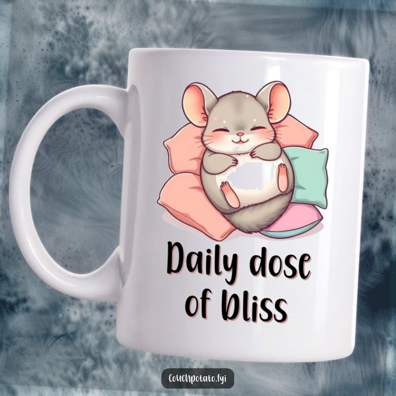 Funny Chinchilla Mug showing a cute chinchilla happily rolling on its back, surrounded by soft pillows, embodying pure bliss.