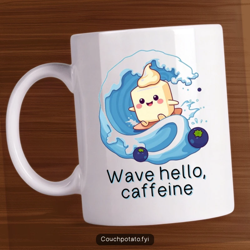Funny smiling cream cheese tub surfing majestically on a giant blueberry wave, captured on a humorous mug.