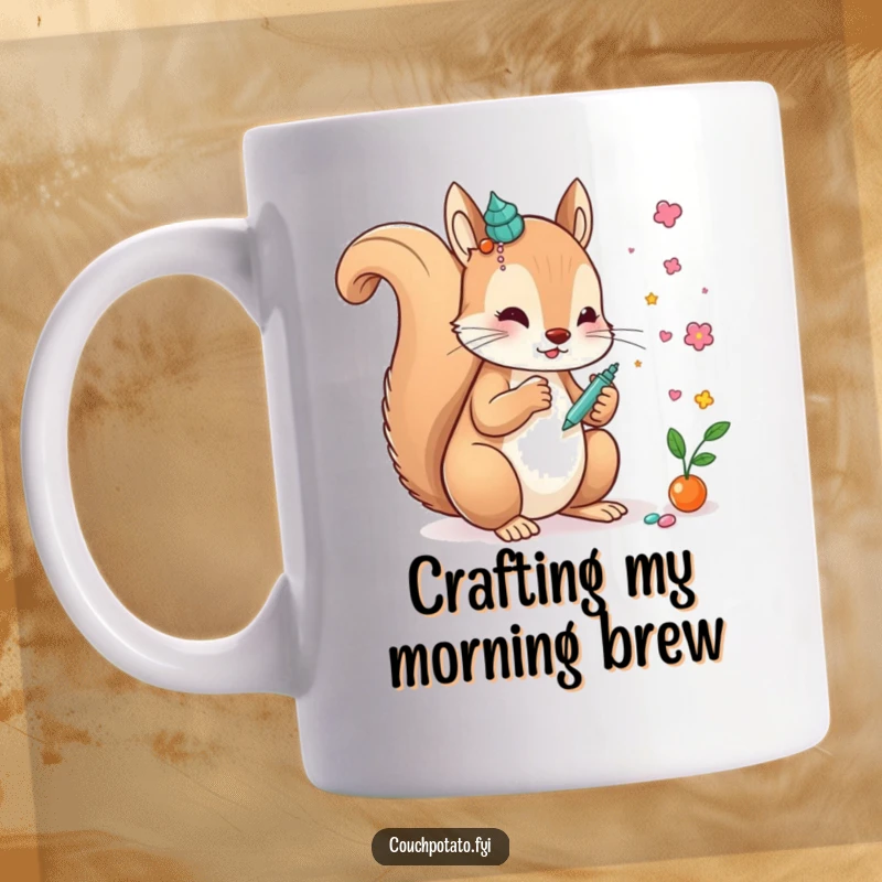 Funny, creative squirrel carefully gluing sparkling elements onto a colorful, whimsical art piece, a delightful mug.
