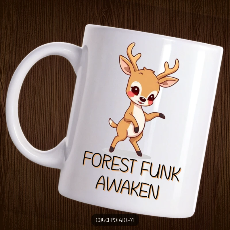 Funny mug showing a playful deer attempting an elaborate dance move with comical concentration and awkward grace, celebrating its dancing ambition.