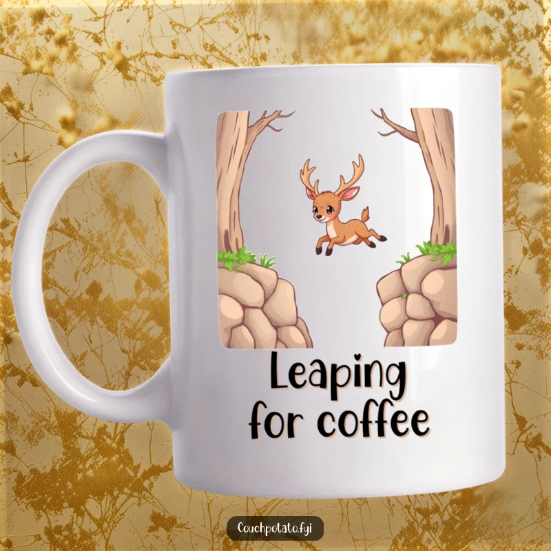 Funny Deer Mug: A determined deer stands at the edge, preparing to leap across a seemingly impossible gap.