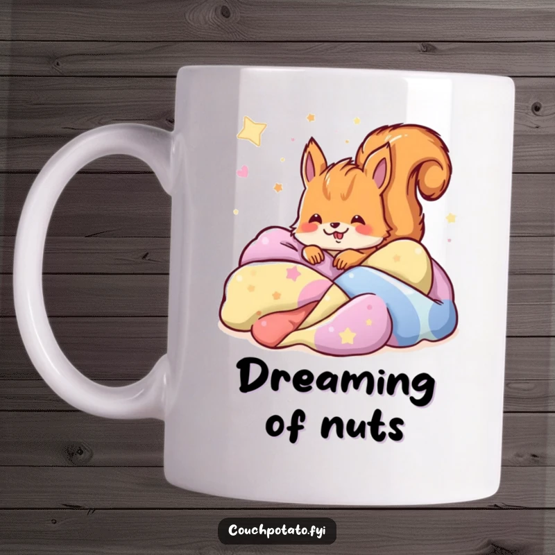 Funny joyful squirrel buried in colorful blankets, peacefully dreaming on a delightful ceramic mug.