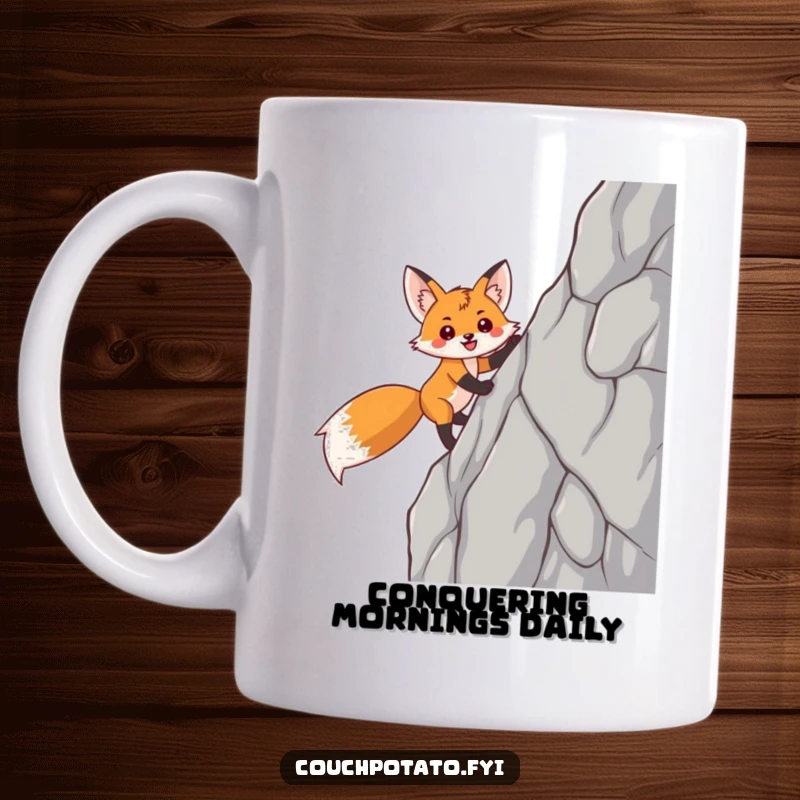 Funny fox mug depicting a smiling, triumphant fox scaling a steep rock face with determination and a winning grin.