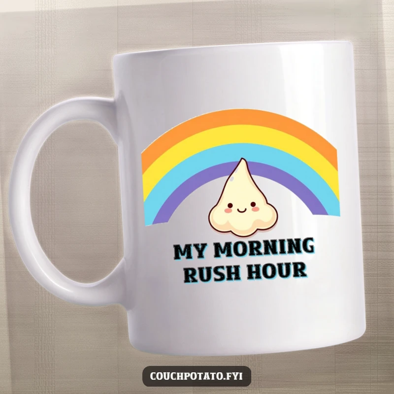 Funny mug with a giggling cream cheese character sliding down a vibrant rainbow, expressing pure, joyful abandon.