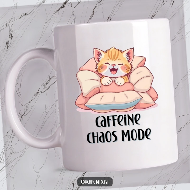 Funny Giggling Kitten Mug showing a cute kitten joyfully tumbling headfirst into a pile of soft cushions, radiating playful energy.