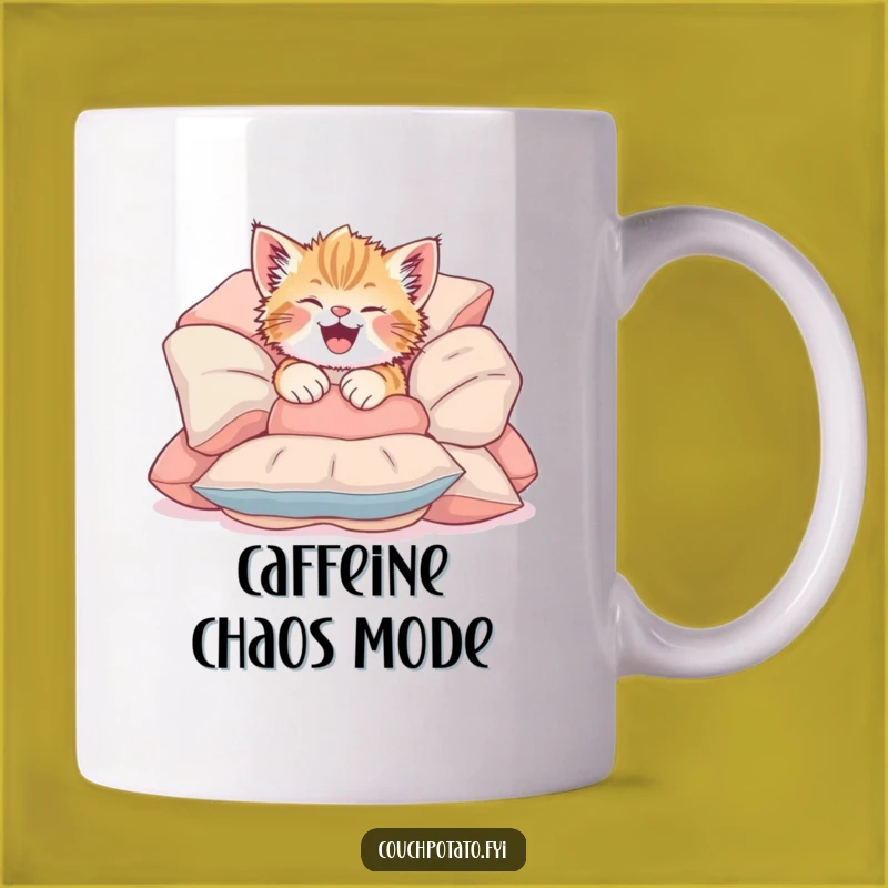 Funny Giggling Kitten Mug: Joyful Tumble into Cushions for Fun Gift