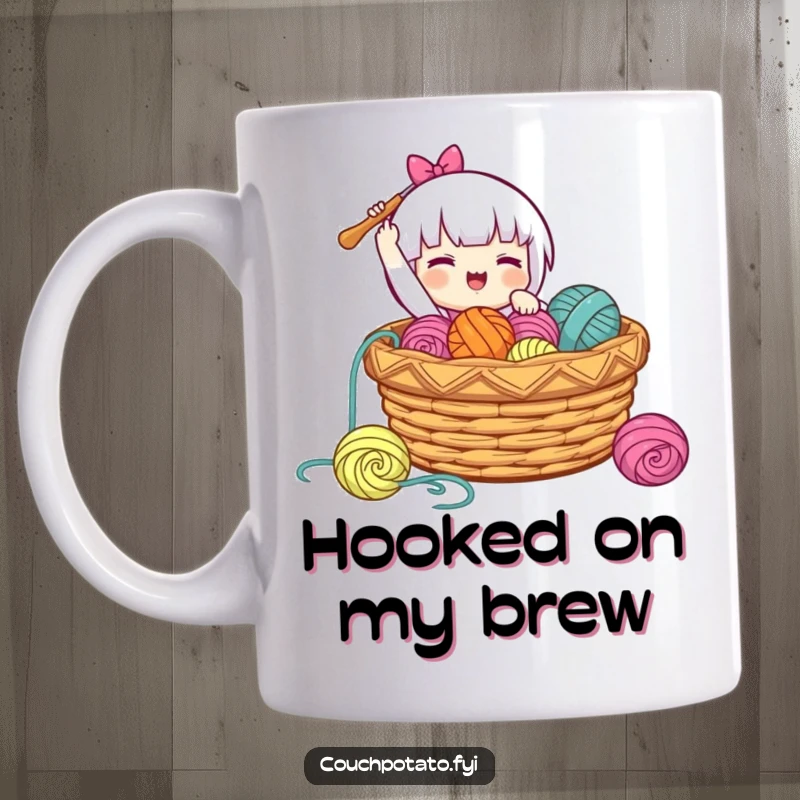 Funny mug depicting a character gleefully dropping a crochet hook into a overflowing basket of colorful yarn, symbolizing pure crafting happiness.