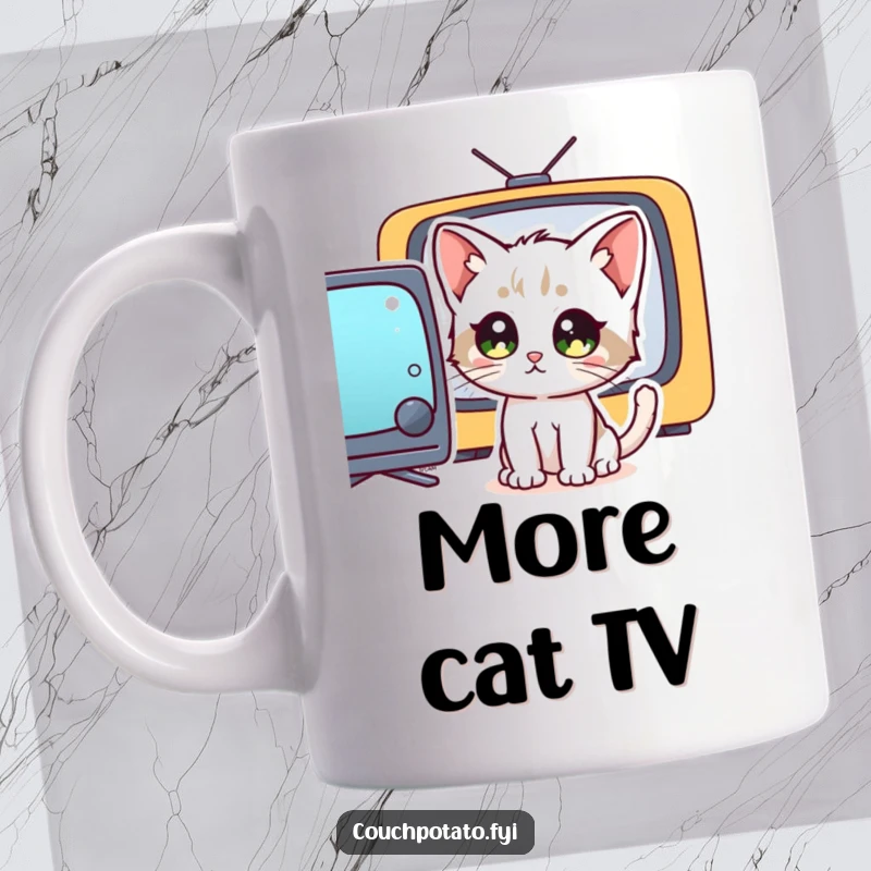 Funny kitten with wide, captivated eyes staring intently at a television screen, depicted humorously on a mug.