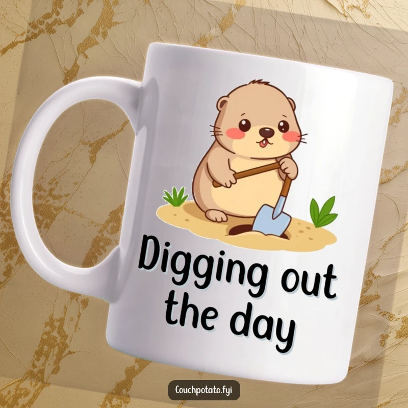 Funny mole digger mug, a diligent mole using a spade to dig a small hole in the ground, cute and humorous garden gift.