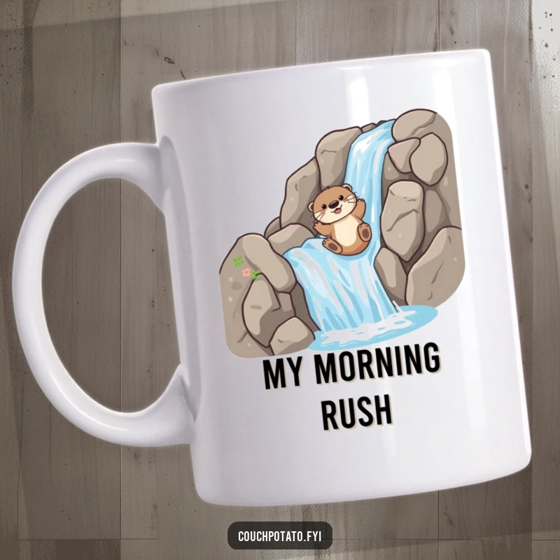 Funny Mug: A playful otter gleefully slides down a steep, rocky waterfall, showcasing pure joy and adventure.