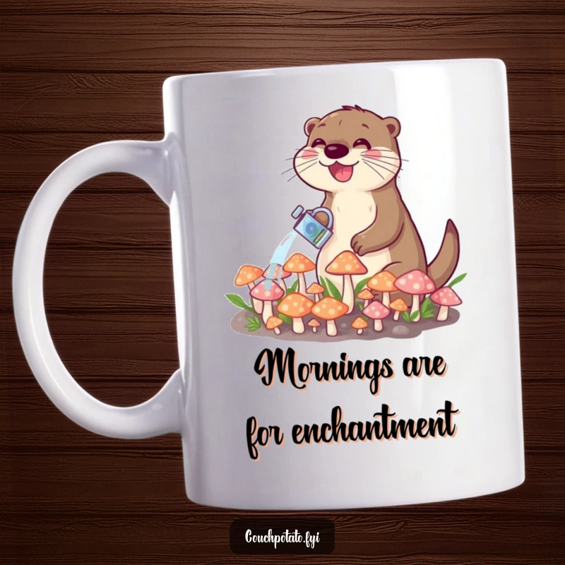 Funny mug featuring a happy otter carefully watering a patch of glowing, tiny mushrooms, showcasing a serene and whimsical garden moment.