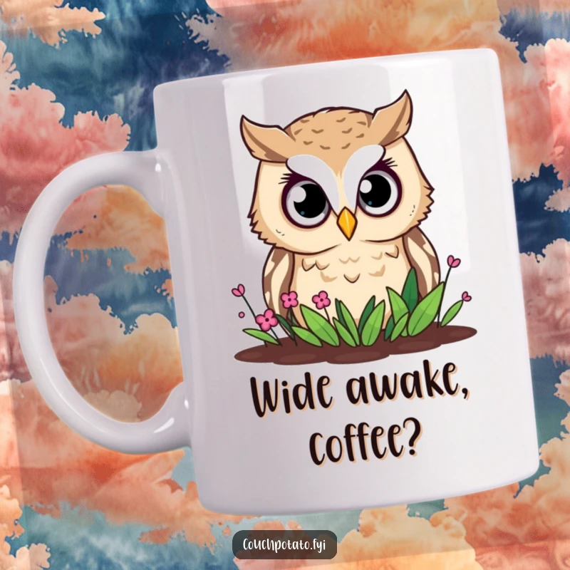 Funny owl mug, a curious owl peers wide-eyed into a small garden bed, showcasing keen interest and humor.
