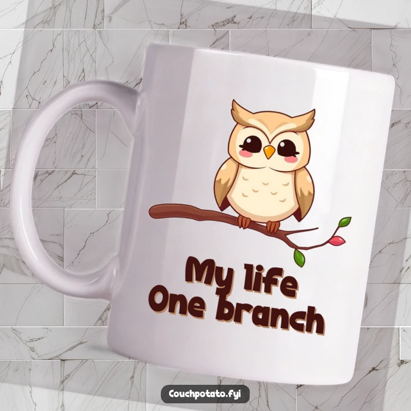 Funny owl mug featuring a smiling bird balancing comically on a thin branch, expressing a sense of mock peril and undeniable amusement.