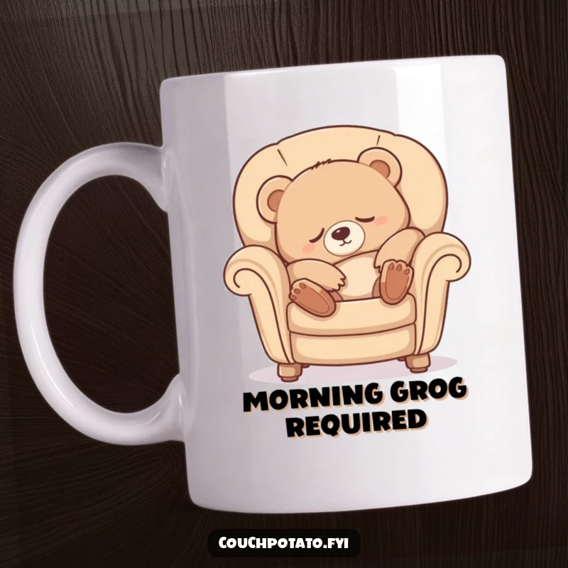 Funny Sleepy Bear Mug showing a cute bear cub luxuriously stretching while sinking into a plush armchair, embodying ultimate comfort.