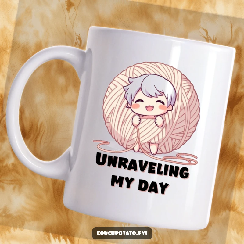 Funny Mug with a character gleefully pulling a long thread from a giant ball of yarn, ready for fun.