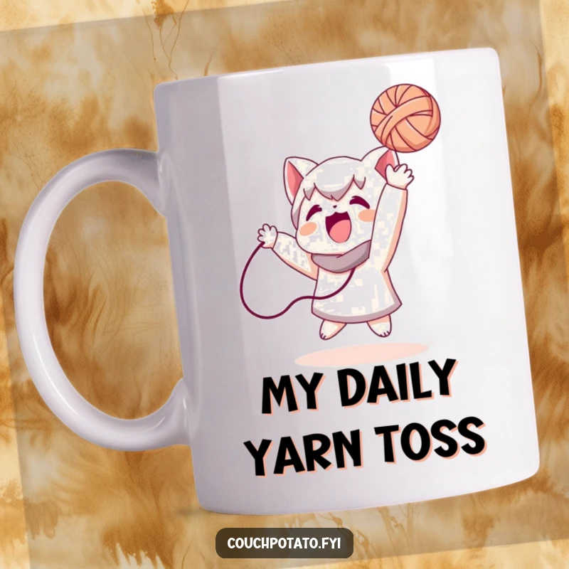 Funny mug with a cheerful character joyfully tossing a ball of colorful yarn into the air, symbolizing playful crafting and lighthearted fun.