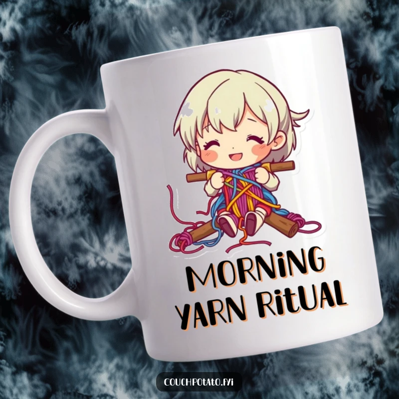 Funny character happily weaving colorful yarn into a complex pattern on a ceramic mug.